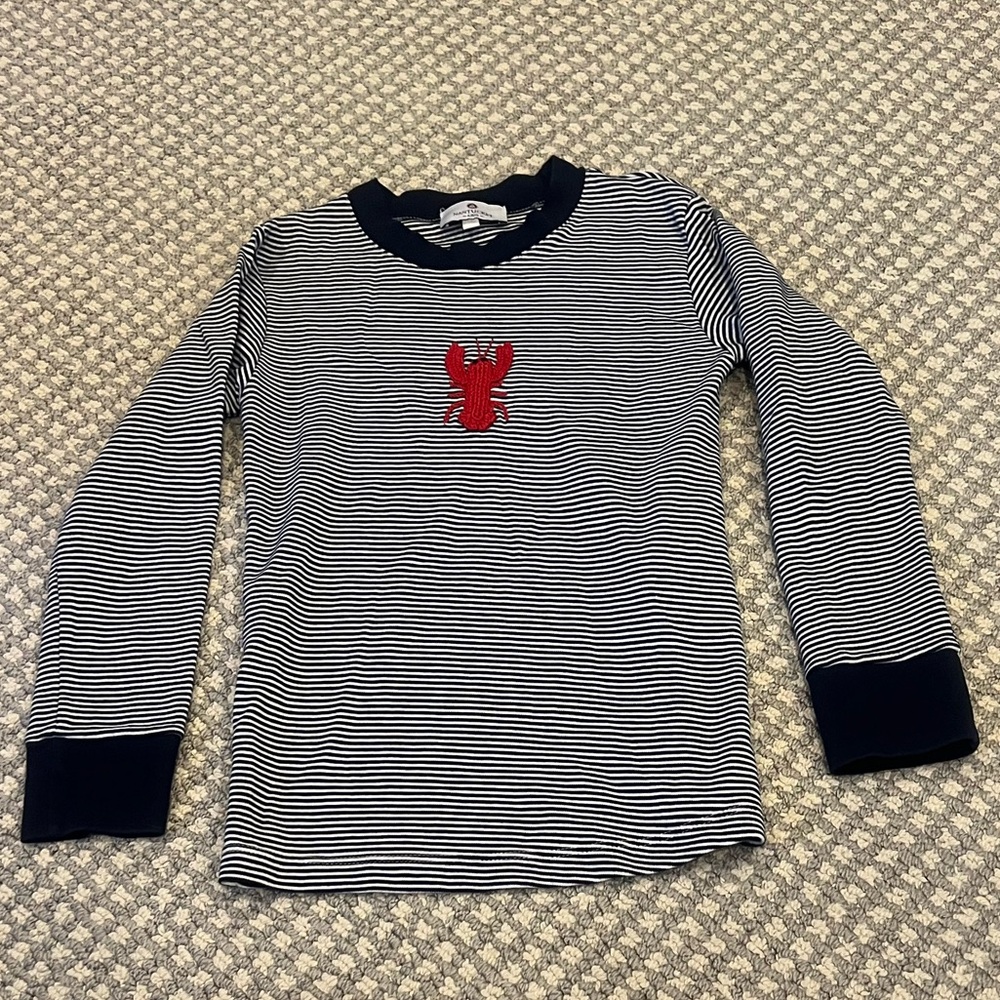 Nantucket Kids Children's Navy Striped Long Sleeve Tee with Red Lobster